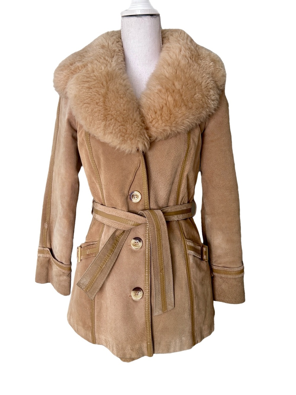 Penny Lane Coat Vintage 70s Tan Suede Faux Fur Trim Belted Pockets Avanti S/M
